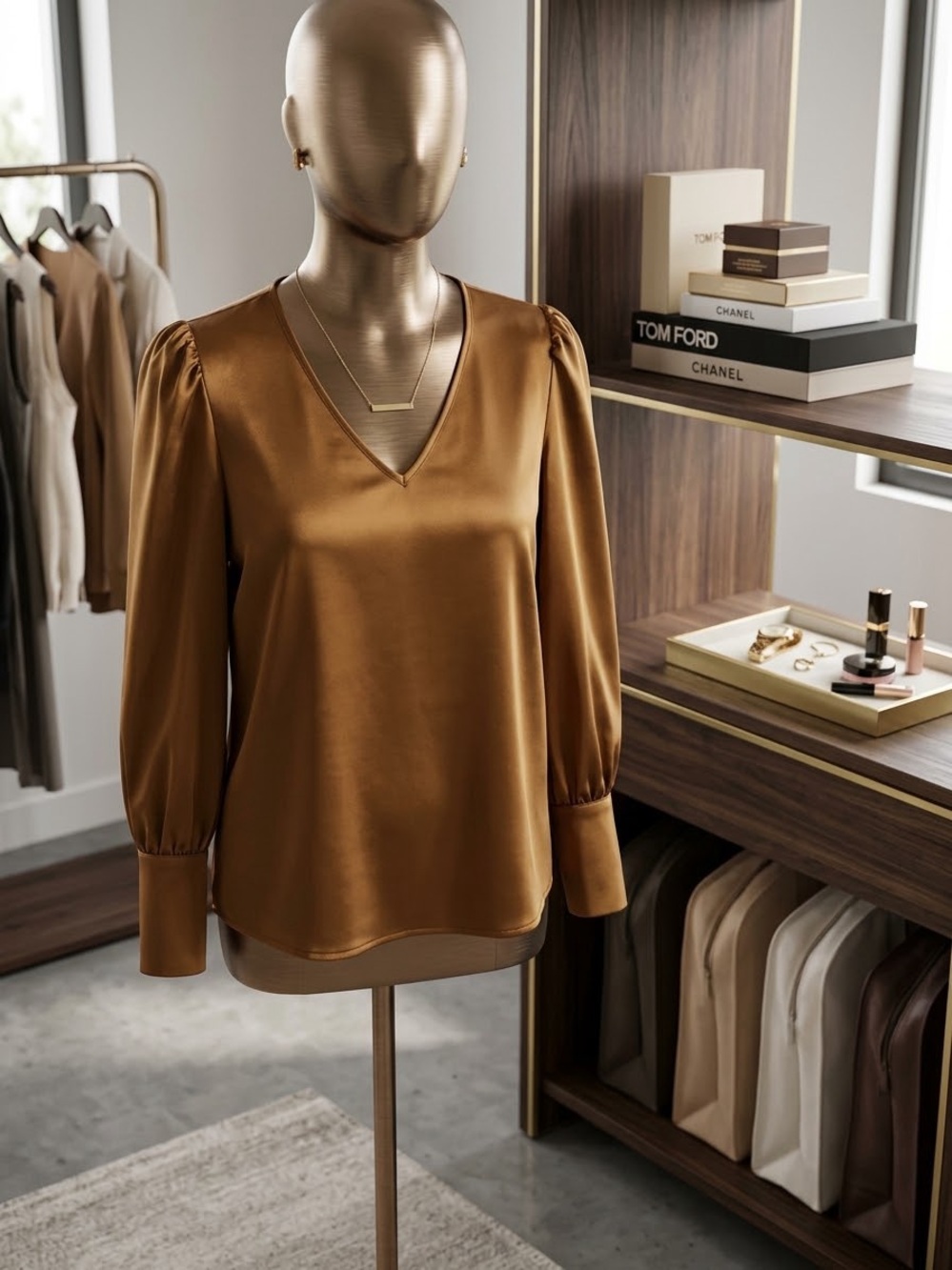 Nicole Miller New York Bronze Satin V-Neck Blouse Long Sleeve Size M